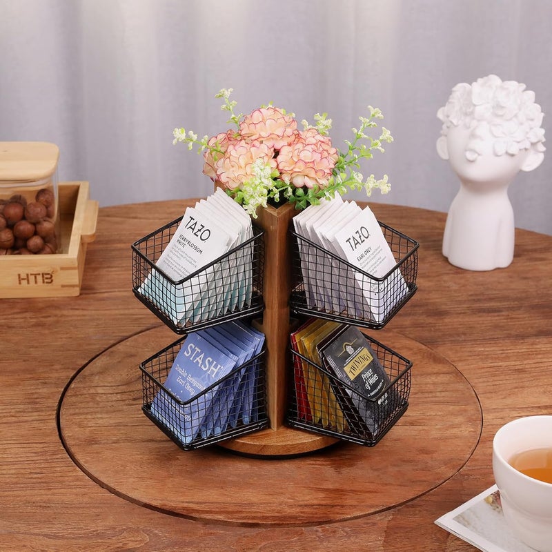 HTB Carousel Tea Bag Organizer for Counter, 2 Tier Tea Bag Holder with 6 Removable Tea Baskets and Acacia Wood Station, Tea Organizers and Storage for Cabinet, Countertop - Image 4